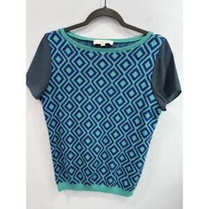 LOFT Women’s Short Sleeve Knit Top M Blue Green Geometric Pattern Cotton Modal